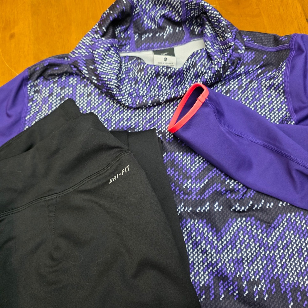 Nike Pro Dri-FIT Hyperwarm Running Set XL Top & Pants Purple Black‎ Pattern